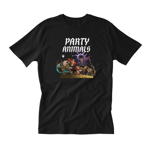Bloomburrow Party Animals Printed Graphic T-Shirt in Black for Magic: The Gathering Mens Fit Front