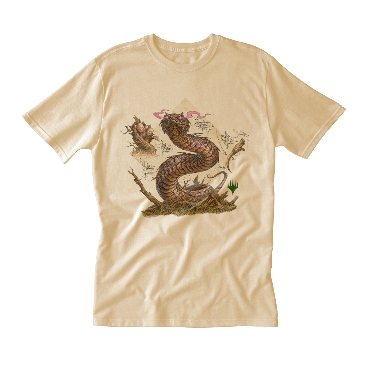 Bloomburrow Elemental Spirit: Rottenmouth Viper Printed Graphic T-Shirt in Cream for Magic: The Gathering Mens Fit Front