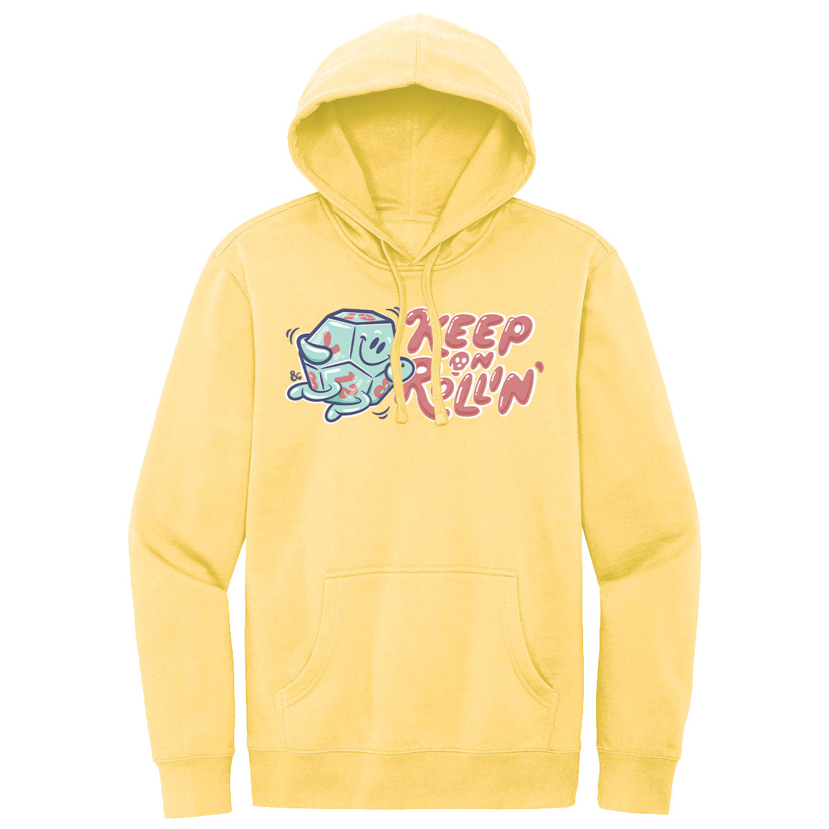 “Keep On Rollin” d20 Printed Pullover Hoodie in Light Yellow for Dungeons & Dragons