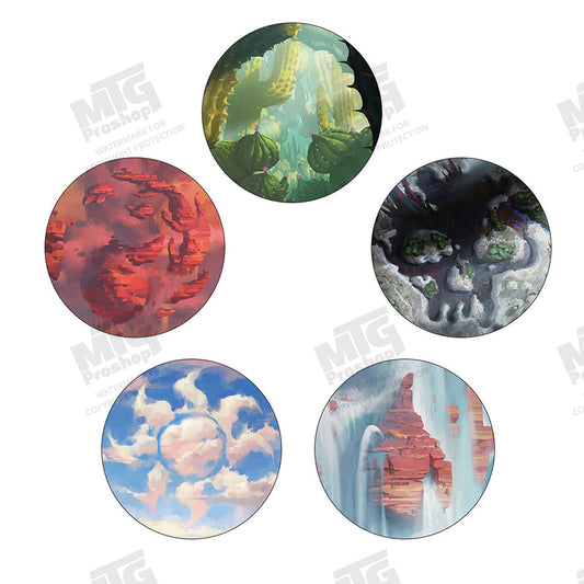 Magic: The Gathering Outlaws of Thunder Junction Ceramic Coasters - Lands featuring  Plains/White Mana Symbol, Mountain/Red Mana Symbol, Forest/Green Mana Symbol, Swamp/Black Mana Symbol, Island/Blue Mana Symbol.