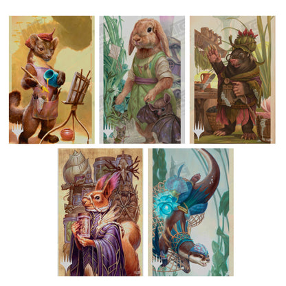 Bloomburrow Five Talents Poster featuring Innkeeper's Talent, Scavenger's Talent, Stormchaser's Talent, Artist's Talent, Caretaker's Talent for Magic: The Gathering