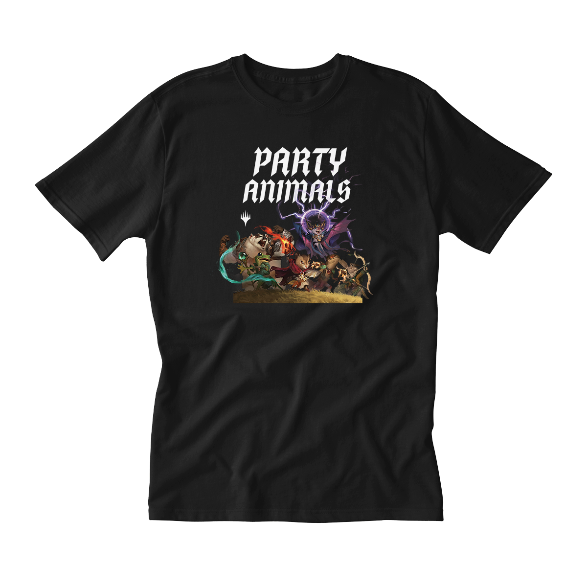 Bloomburrow Party Animals Printed Graphic T-Shirt in Black for Magic: The Gathering Mens Fit Front