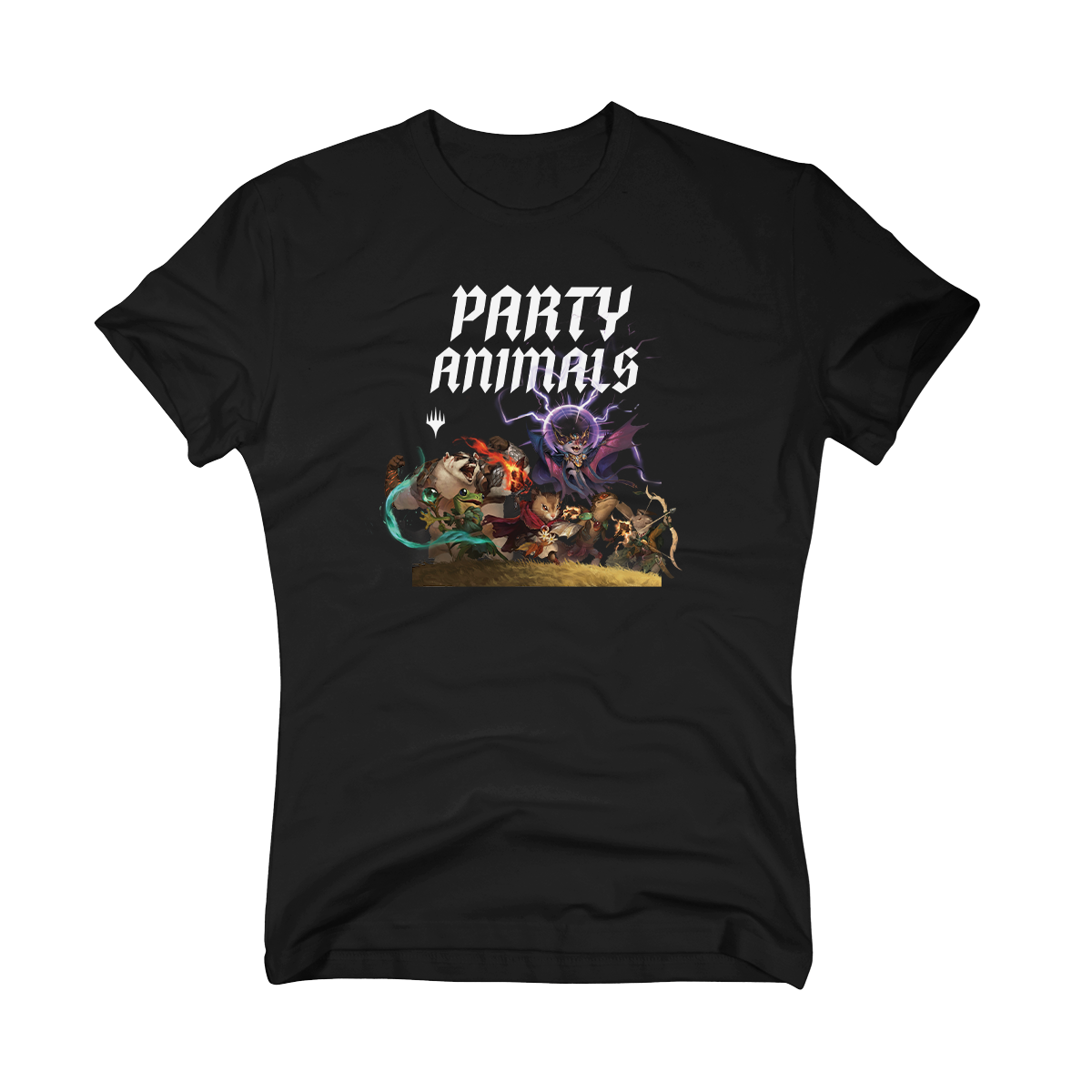 Bloomburrow Party Animals Printed Graphic T-Shirt in Black for Magic: The Gathering Womens Fit Front