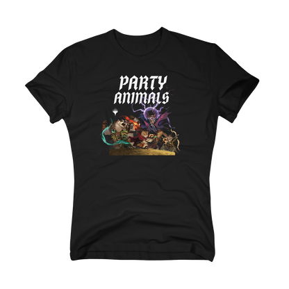 Bloomburrow Party Animals Printed Graphic T-Shirt in Black for Magic: The Gathering Womens Fit Front