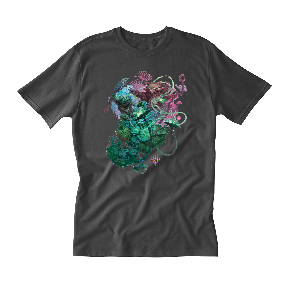 Bloomburrow Sylvan Tutor Printed Graphic T-Shirt in Charcoal Grey for Magic: The Gathering Mens Fit Front