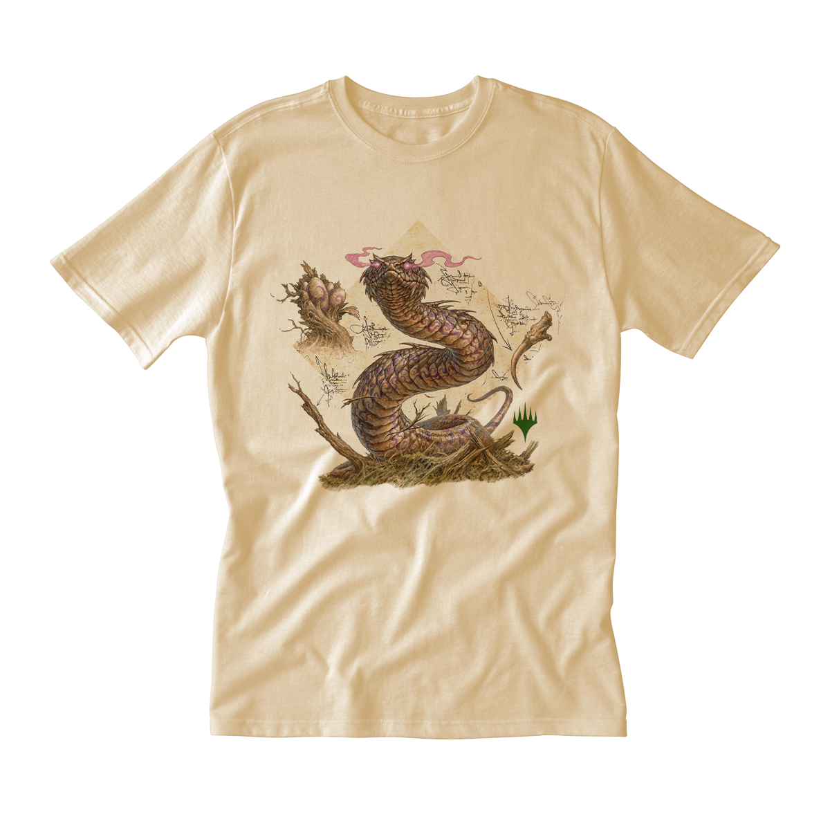 Bloomburrow Elemental Spirit: Rottenmouth Viper Printed Graphic T-Shirt in Cream for Magic: The Gathering Mens Fit Front