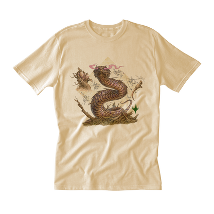 Bloomburrow Elemental Spirit: Rottenmouth Viper Printed Graphic T-Shirt in Cream for Magic: The Gathering Mens Fit Front