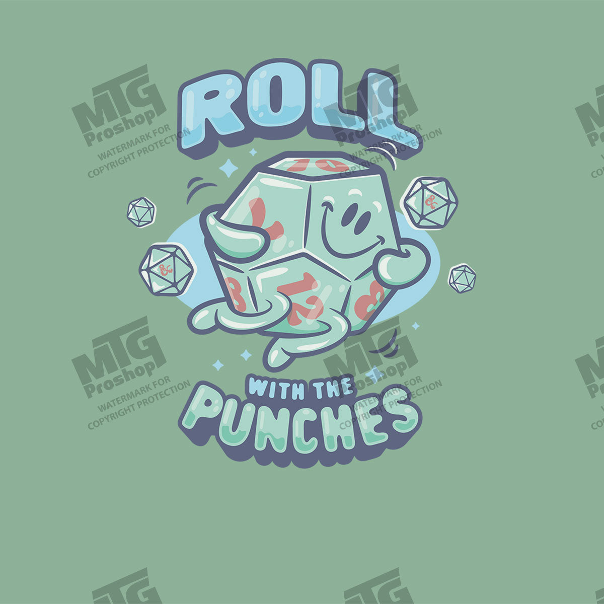 “Roll With The Punches” d20 Dice Printed Tee in Mint for Dungeons & Dragons Art