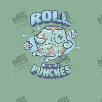 “Roll With The Punches” d20 Dice Printed Tee in Mint for Dungeons & Dragons Art