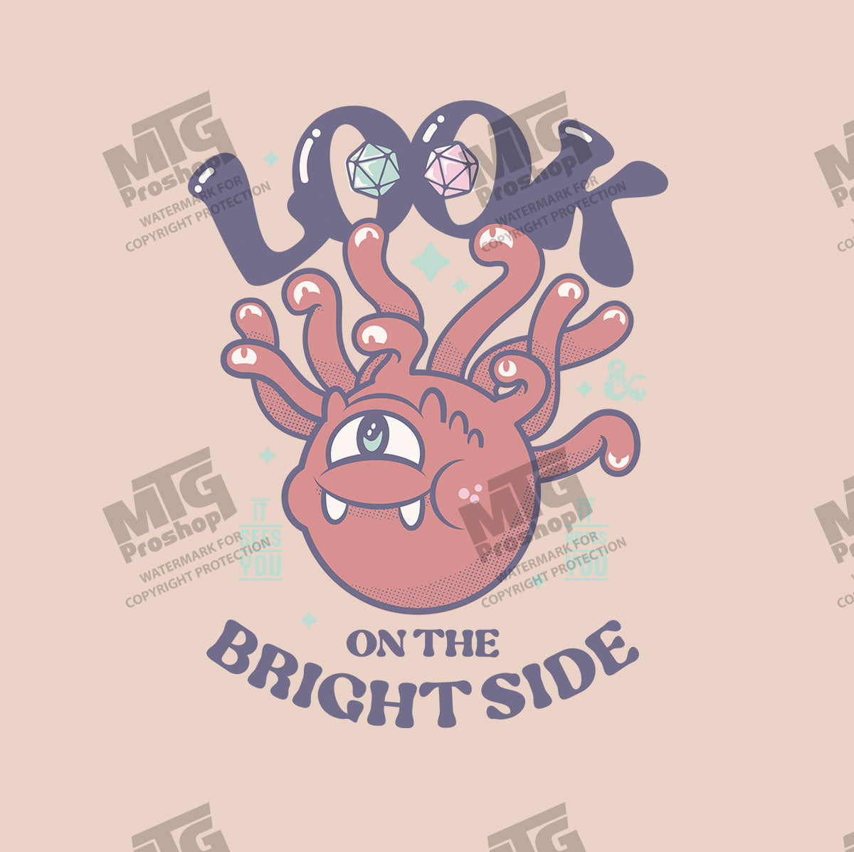 D&D 2024 "Look on the Bright Side" Beholder Printed Tee in Rosewater Pink Art