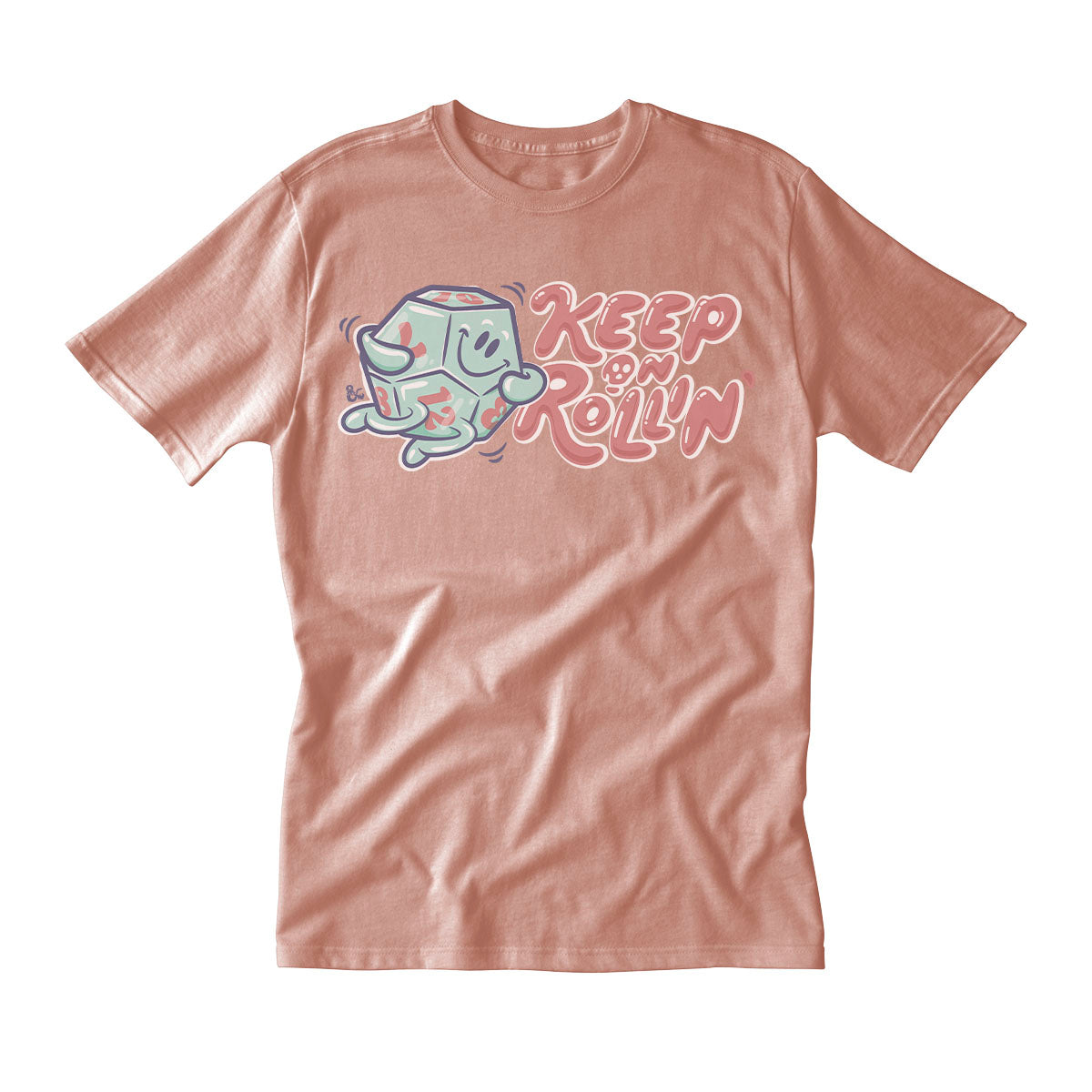 “Keep On Rollin’” d20 Dice Printed Tee in Dusty Peach for Dungeons & Dragons