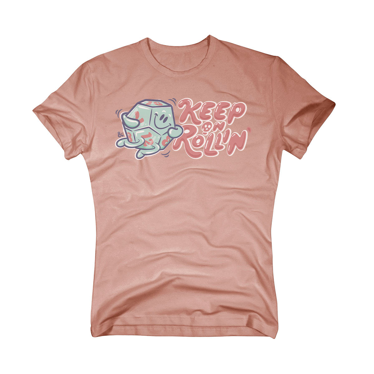 “Keep On Rollin’” d20 Dice Printed Tee in Dusty Peach for Dungeons & Dragons Women's Fit