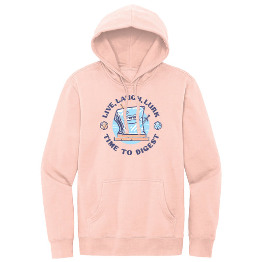 “Live, Laugh, Lurk” Gelatinous Cube Printed Pullover Hoodie in Rosewater Pink for Dungeons & Dragons