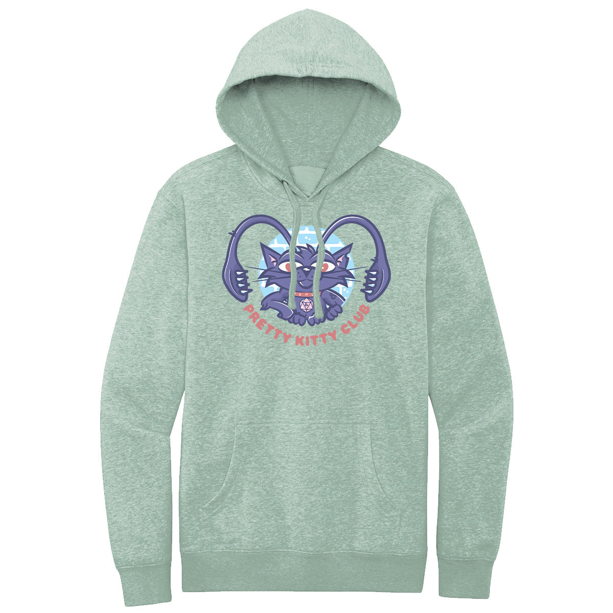 “Pretty Kitty Club” Displacer Beast Printed Pullover Hoodie in Heathered Dusty Sage for Dungeons & Dragons