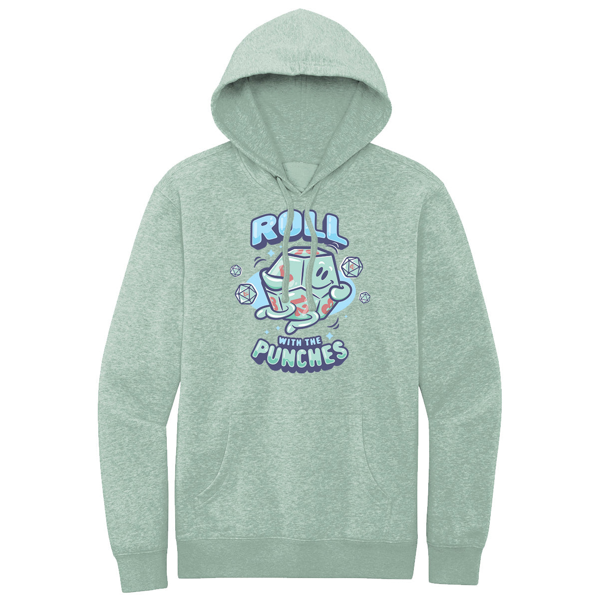 D&D Cute Monsters “Roll With The Punches” d20 Printed Pullover Hoodie in Heathered Dusty Sage for Dungeons & Dragons