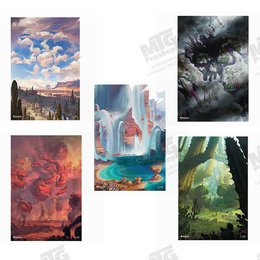 Magic: The Gathering Outlaws of Thunder Junction Posters - Lands featuring Plains/White Mana, Mountain/Red Mana, Forest/Green Mana, Swamp/Black Mana, and Island/Blue Mana Symbol.